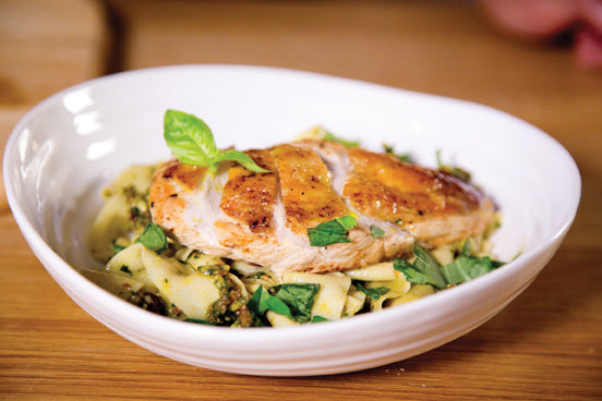 Roast chicken with tomato pesto and fresh tagliatelle by Monica Galetti