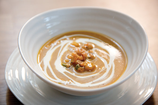 Roast butternut squash soup with brown shrimps by Monica Galetti