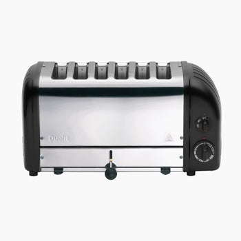 Silver toaster with black accents on a white background