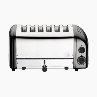 Charcoal grey and silver toaster with six slots a white background_1