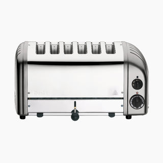 Silver toaster with six slots on a white background_1
