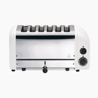 White toaster with silver accents and black knobs on a white background_1