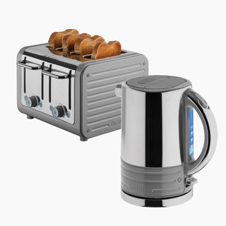 Telegrey coloured toaster with bread slices and a matching silver kettle on a white background_1